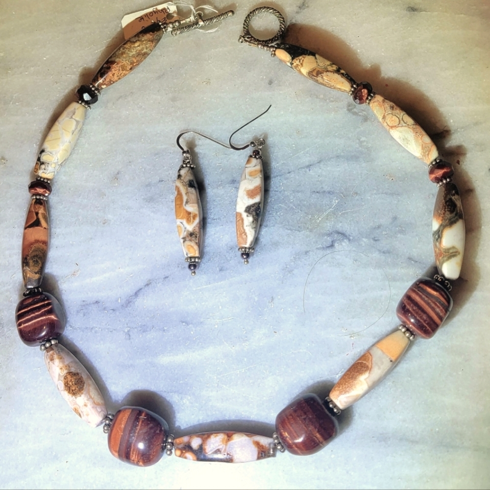 Rhylolite Tiger Eye Sterling 925 Necklace 19" Earrings Set - Picture 1 of 6